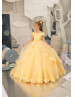 Off Shoulder Beaded Yellow 3D Lace Tulle Flower Girl Dress